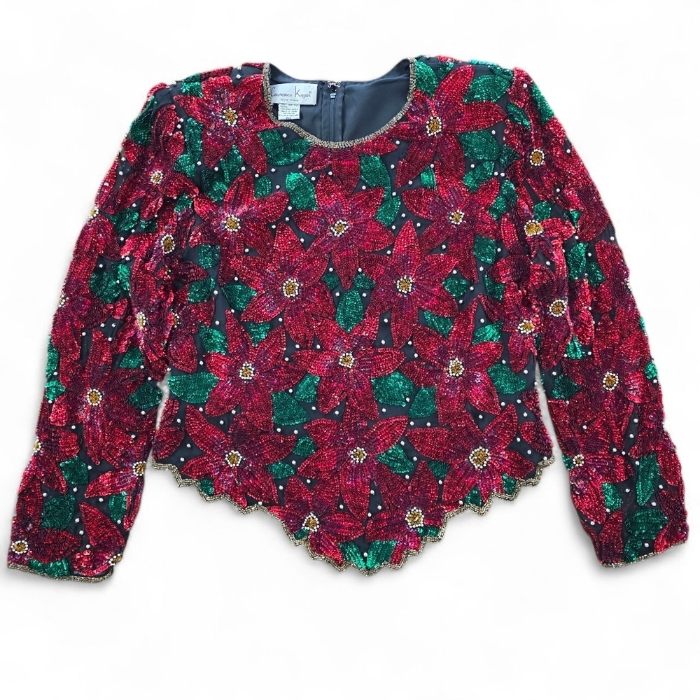 Vintage Laurence Kazar Silk Sequin Poinsettia Holiday Beaded Top Women PXL